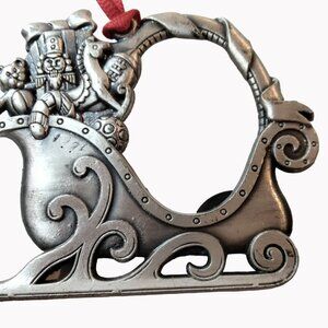 Vintage Pewter Santa Sleigh Ornament Frame Teddy Bear Rocking Horse